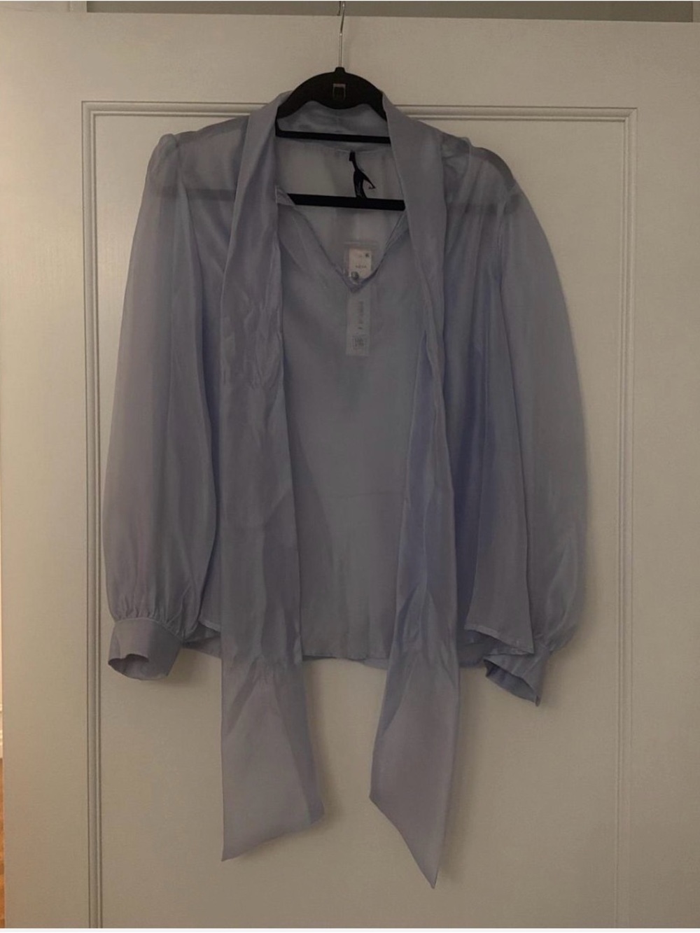 AQUA bloomingdale's sheer Light blue blouse with tie detail
